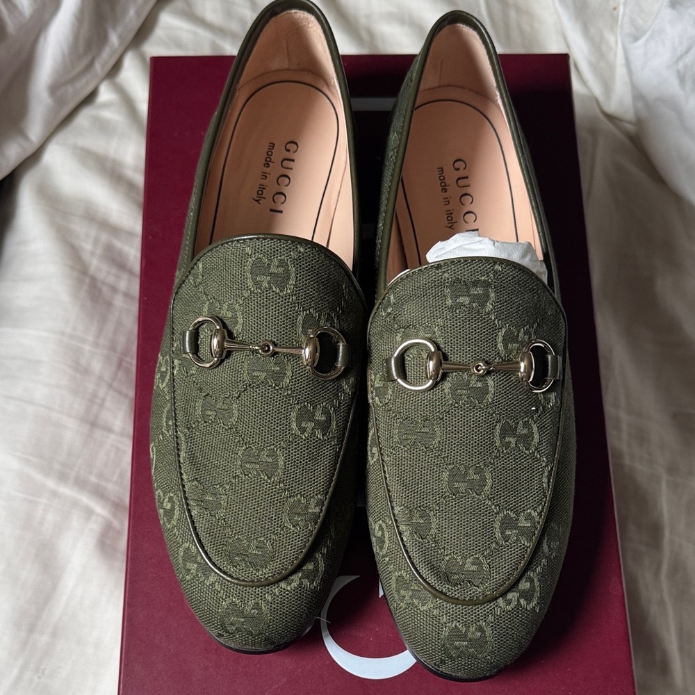 Gucci Olive Green GG Canvas Horsebit Loafers 37.5